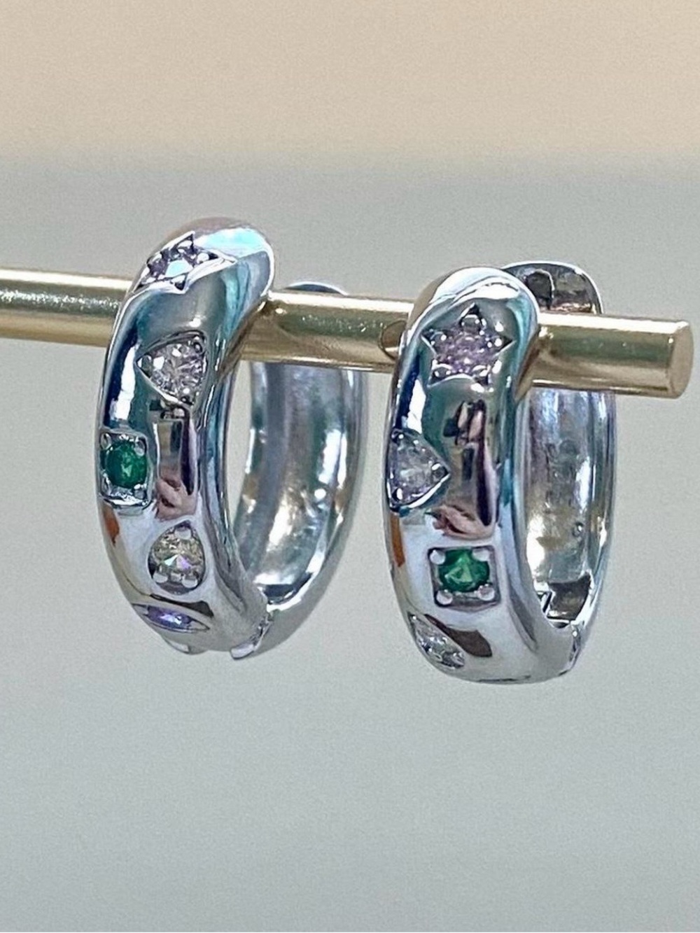 Sterling Silver Hoop Earrings with Gem Accents